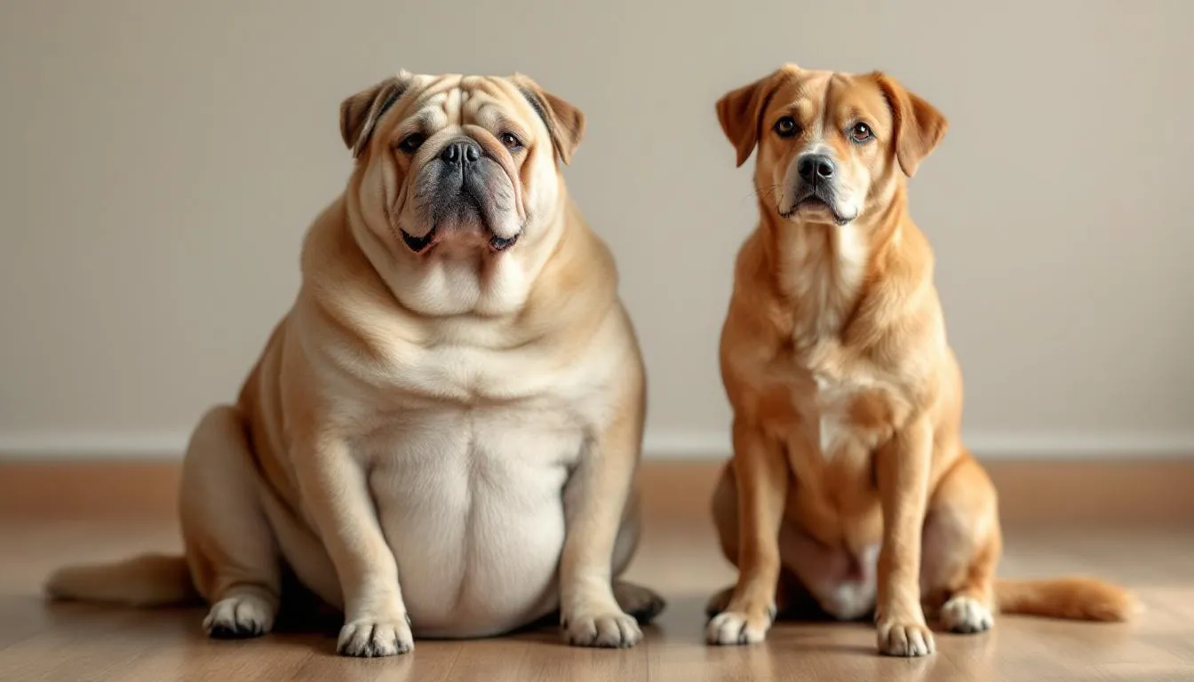 An overweight dog sits next to a healthy weight dog, clearly illustrating the differences in body condition and size, highlighting the importance of a balanced diet and weight management for dogs. This image emphasizes the need for a weight loss program to promote healthy weight loss and prevent obesity in dogs.