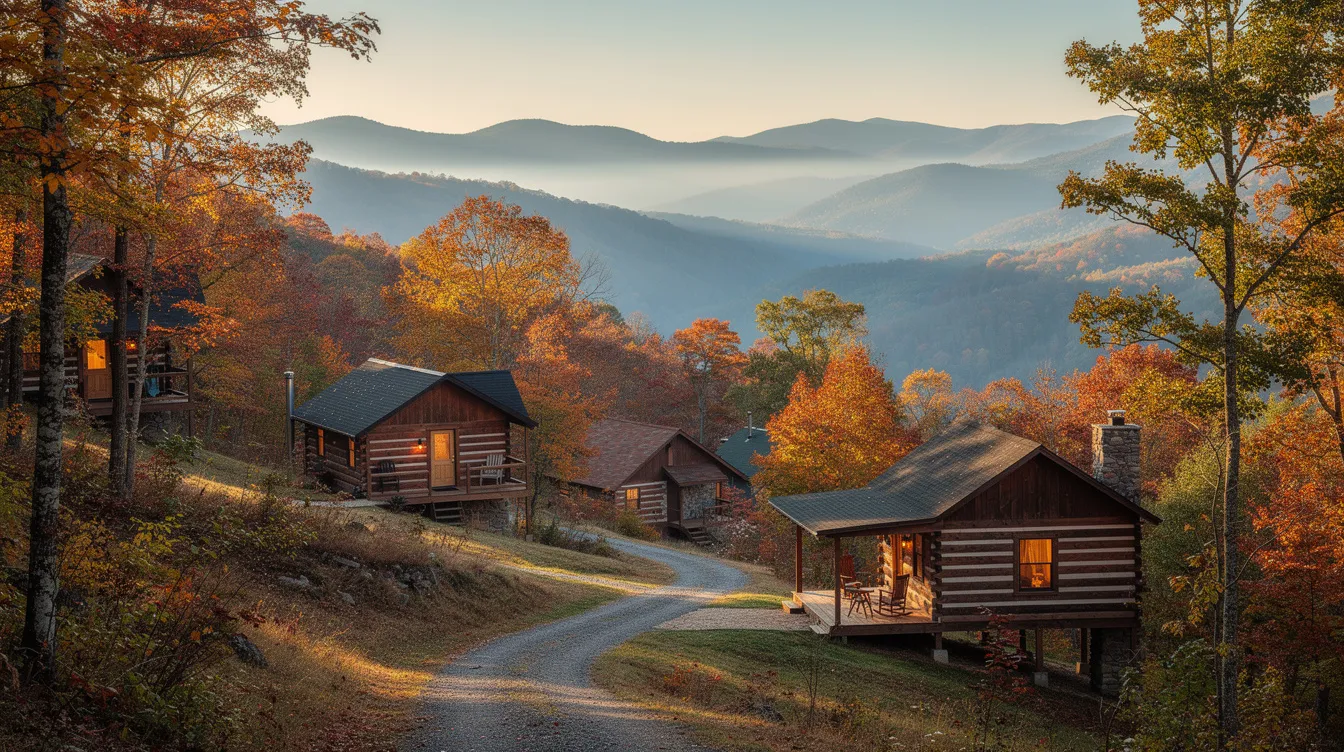 The image depicts a picturesque view of mountain resort cabins nestled among vibrant Smoky Mountain foliage, creating a serene atmosphere for guests. Such properties must ensure a safe environment to protect guests from potential injuries, as hotel owners have a legal duty to address any dangerous conditions that may exist.