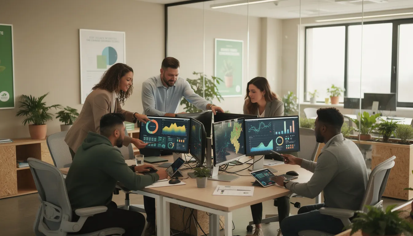 In a modern office environment, a team of environmental consultants is engaged in data analysis, reviewing environmental data on multiple screens and tablets. They are leveraging AI tools to enhance efficiency and tackle complex sustainability challenges, demonstrating the critical role of technology in environmental consulting.