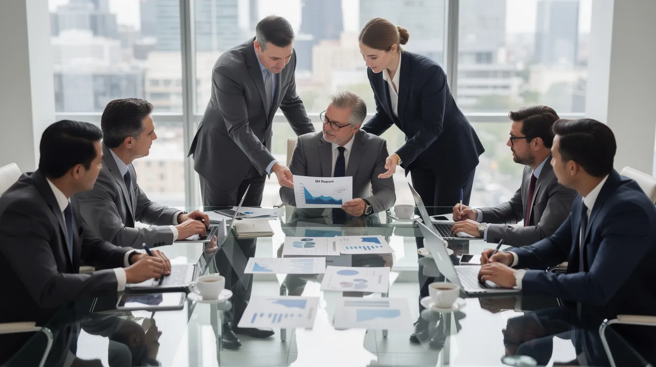 b788f911 b6cf 4394 978e d5ca45a9d18d A group of business professionals is engaged in a discussion around a conference table, reviewing financial documents related to a hotel project in a modern office setting. The atmosphere suggests a focus on project finance, including aspects like hotel construction costs and financing options for the hospitality sector.