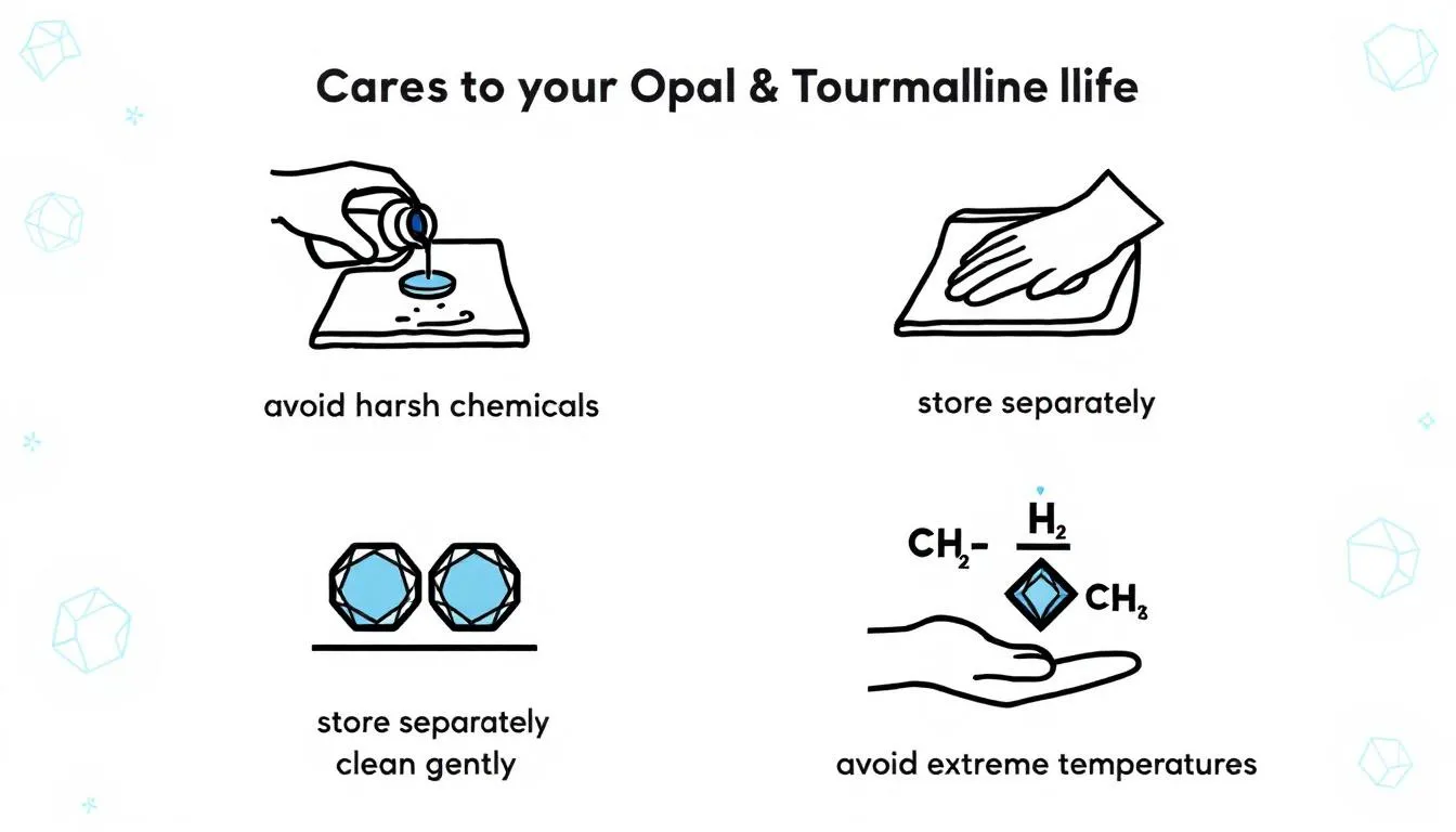 The image features illustrations depicting the dos and don’ts for caring for opal and tourmaline jewelry, emphasizing the importance of avoiding harsh chemicals, storing the pieces separately, and cleaning them gently. These tips are essential for maintaining the beauty and integrity of these highly prized October birthstone gems.