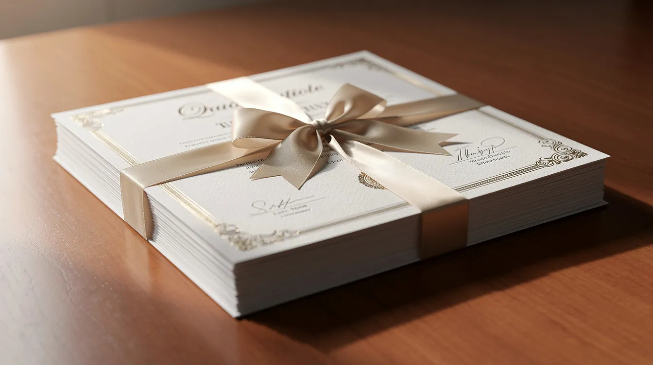 A stack of graduation certificates, elegantly tied with a ribbon, rests on a wooden desk, showcasing various diploma designs that could serve as novelty diplomas or custom diplomas for personal use. The certificates feature embossed seals and school details, emphasizing their authentic look and high-quality materials.