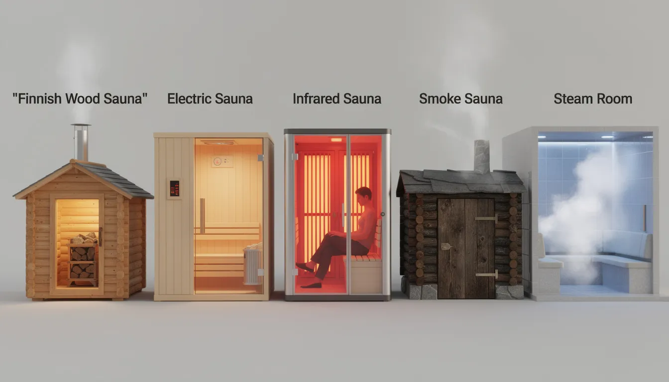 The image showcases various types of saunas, including traditional steam saunas, infrared models, and outdoor saunas, highlighting their unique designs and features. This visual representation illustrates the wellness benefits and different setups available for home sauna installations, along with considerations for costs and maintenance.