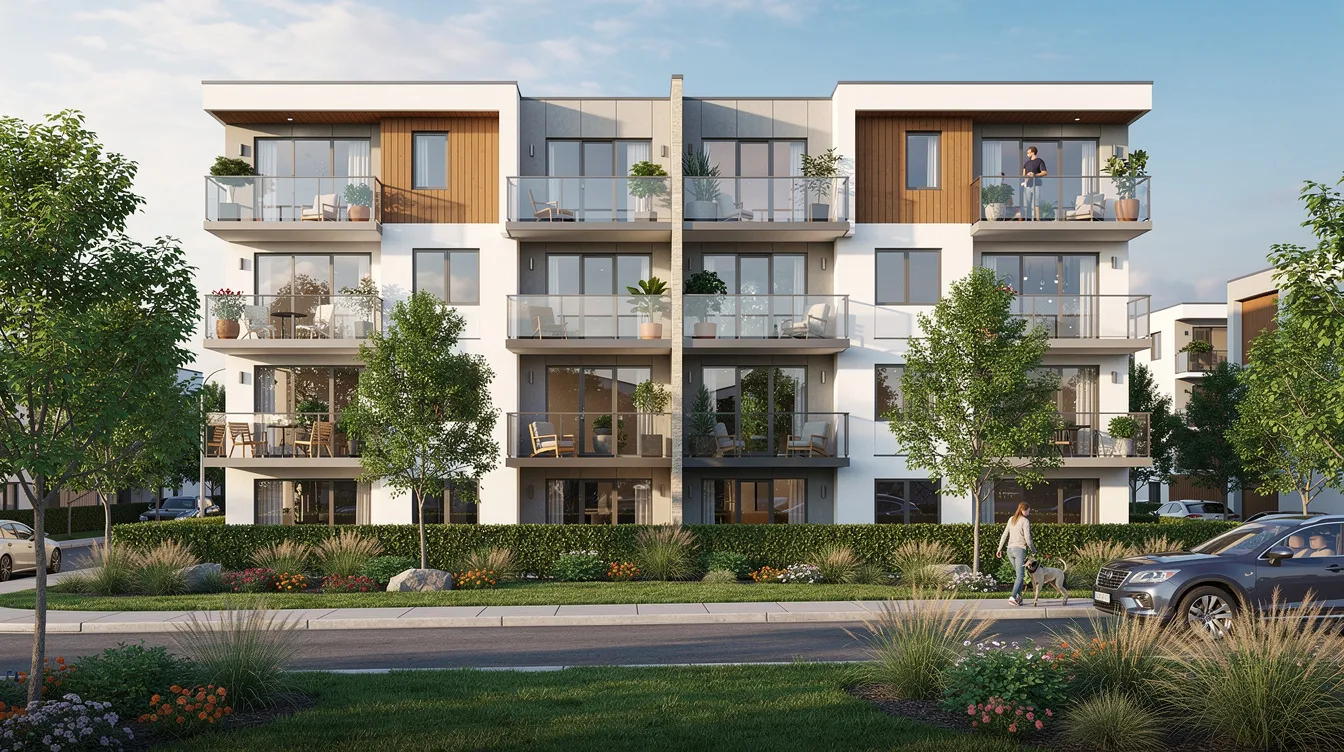 The image depicts a modern apartment building featuring multiple balconies and well-maintained landscaping, situated in a suburban area. This residential rental property represents a potential investment opportunity for real estate investors looking to enhance their cash flow and explore tax benefits such as accelerated depreciation and cost segregation strategies.