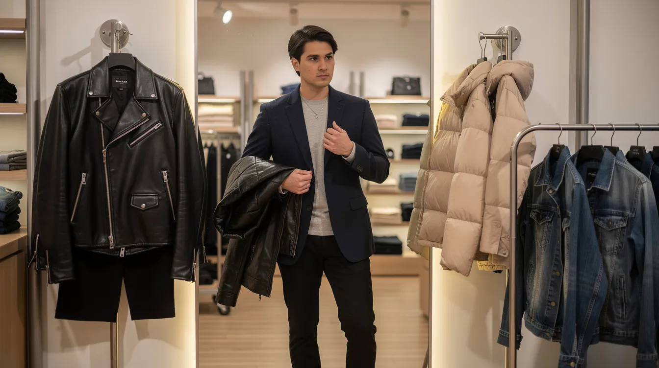 A person is trying on various styles of jackets in front of a mirror at a clothing store, experimenting with different outfits to discover their personal style. The scene captures the fun and process of finding flattering garments that suit their body shape and reflect their fashion expression.