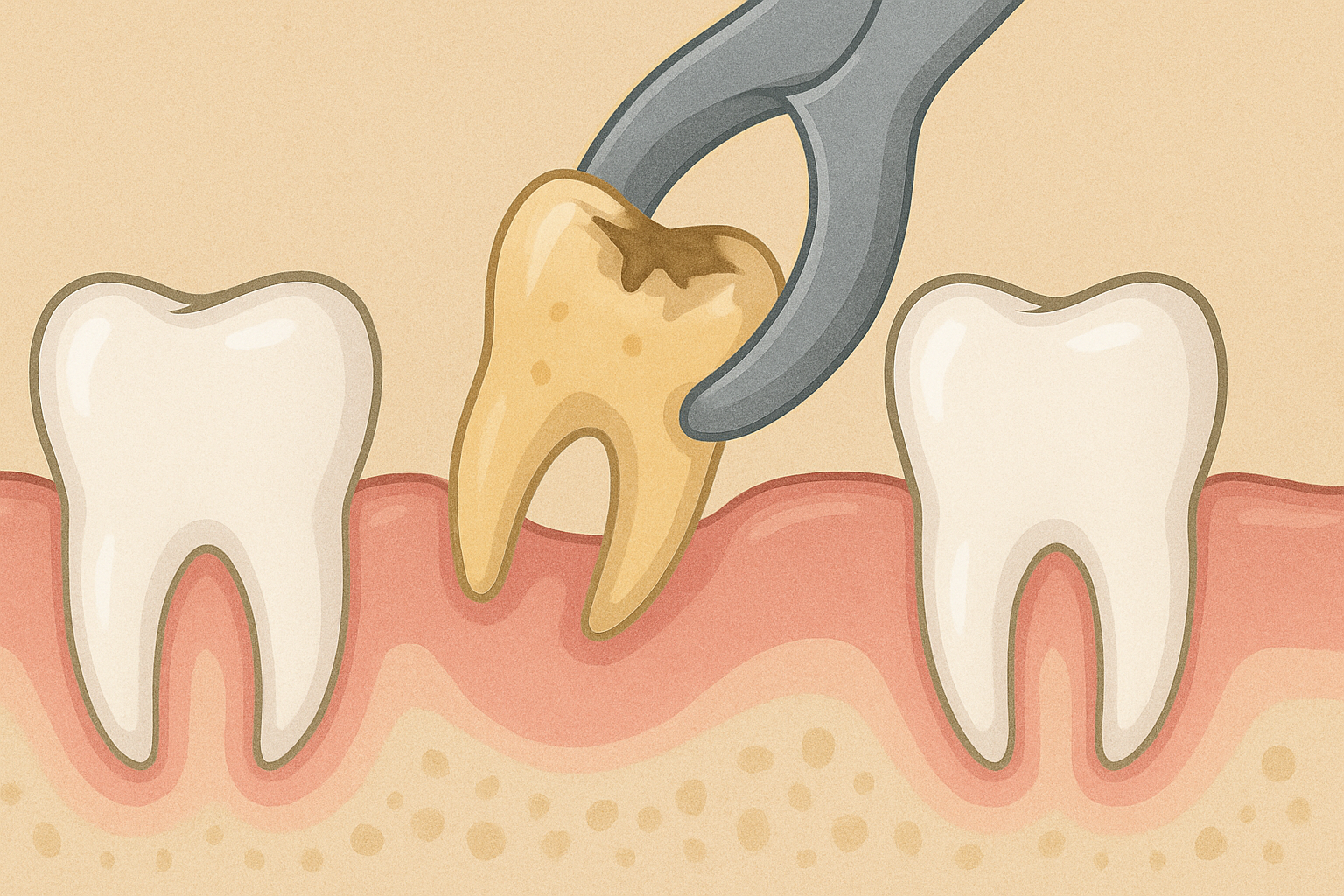 Trekke Tann: Når Det Ikke Lenger Er Noe Å Redde (Men Alt Å Vinne) 12 Illustrasjon av tannuttrekk med tang som fjerner en skadet tann mellom friske tenner og rosa tannkjøtt i underkjeven.