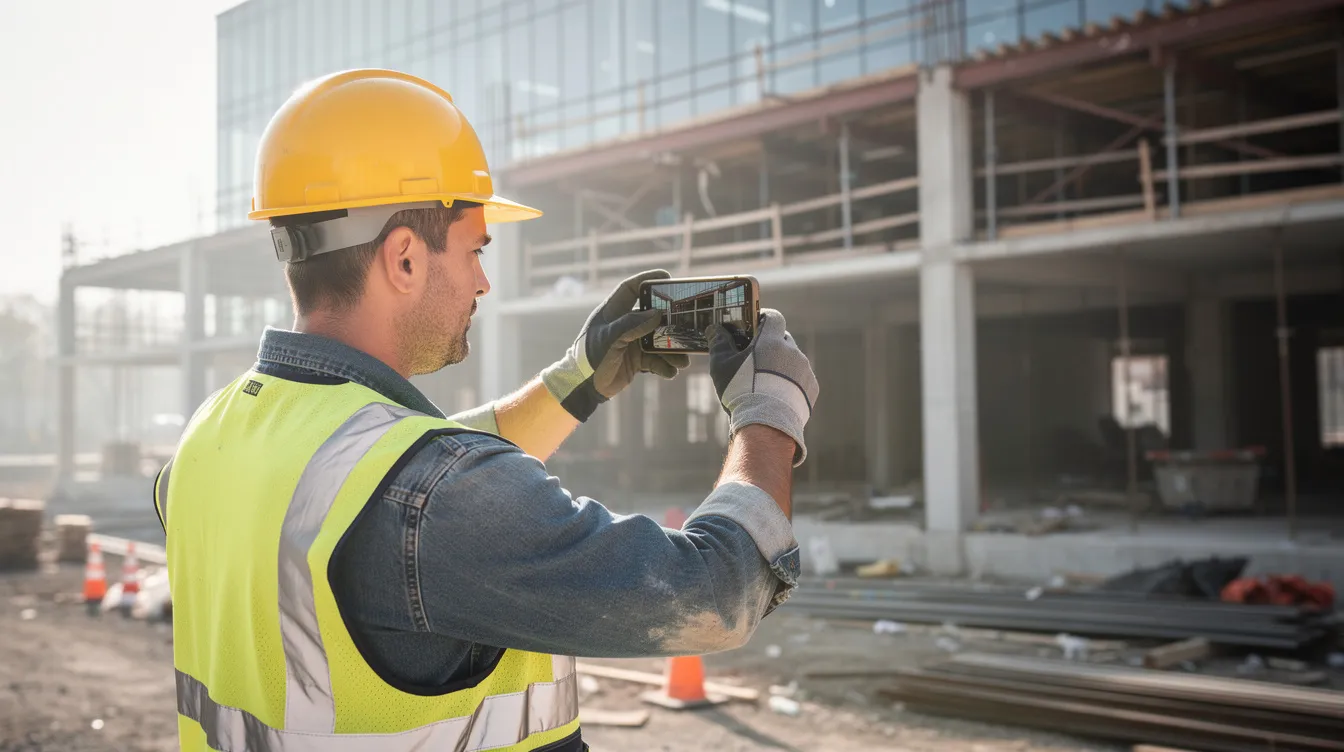 A worker uses a phone to document conditions at a construction site.