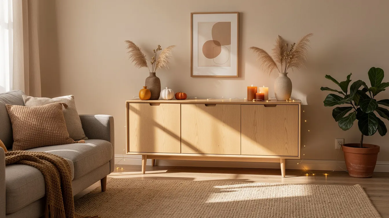 Ett mysigt vardagsrum där säsongsbetonade dekorationer i varma jordtoner pryder ett sideboard, vilket skapar en inbjudande atmosfär. Rummet är utsmyckat med inredningsdetaljer som ger en personlig touch till hemmet.