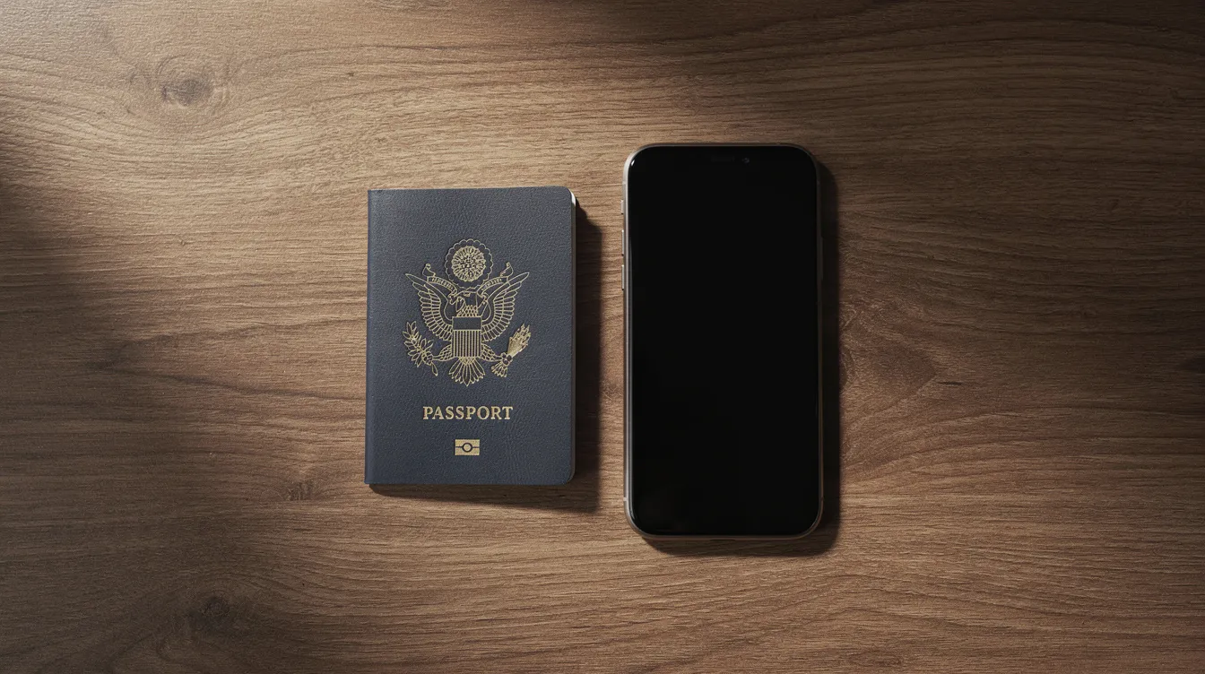 The image shows a passport and a smartphone placed side by side on a table, symbolizing the process of checking immigration status or visa application details online. This setup reflects the importance of personal identity documents in managing travel and immigration-related information.