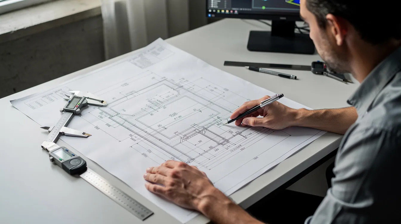 A quality engineer is seated at a desk, intently reviewing large format technical drawings while utilizing measurement tools to ensure compliance with exact specifications. This meticulous process is essential for article inspection and contributes to maintaining quality standards in the aerospace industry.