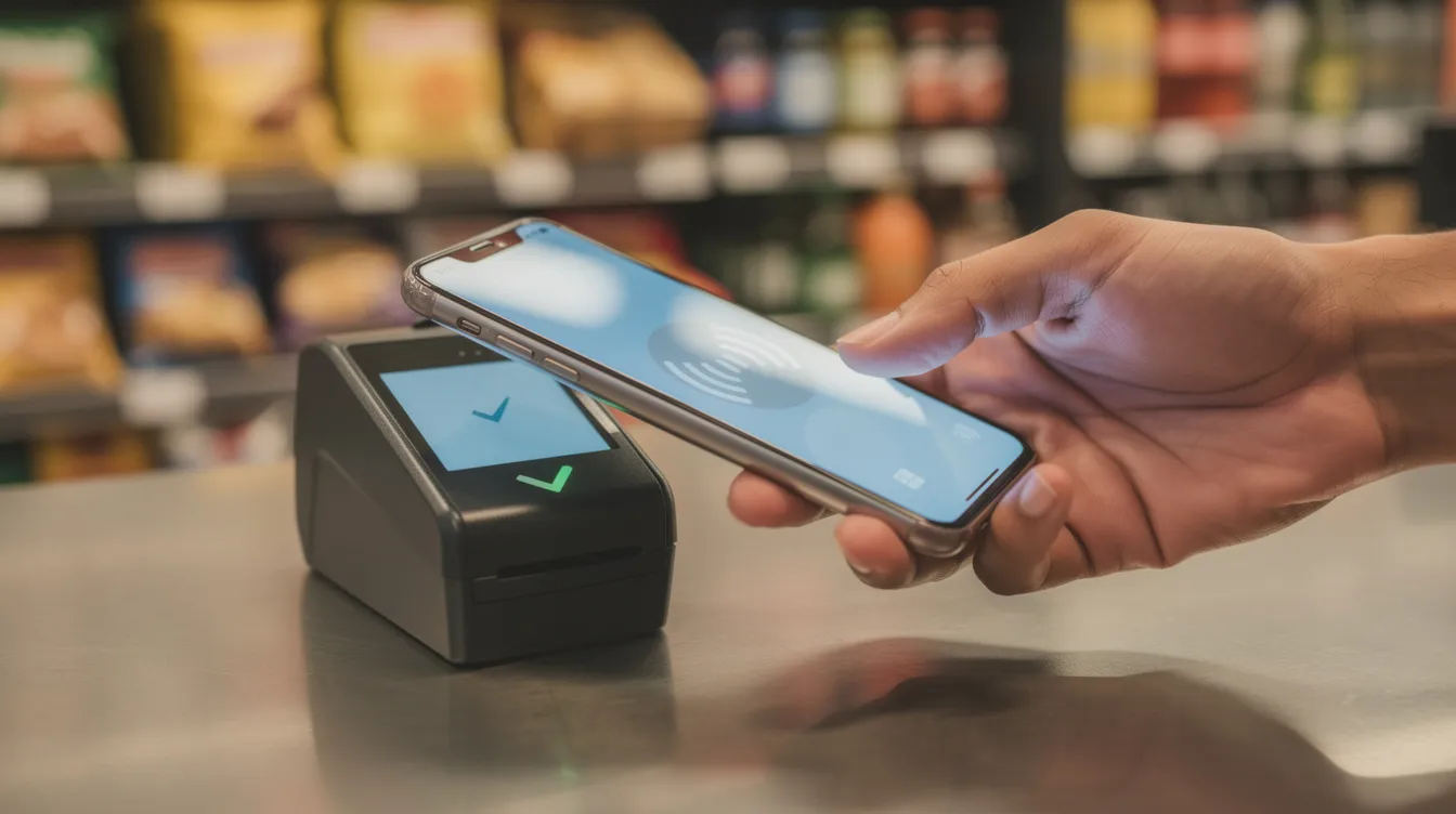 A person is tapping their smartphone on an NFC payment terminal at a convenience store counter, demonstrating the use of mobile payment methods like Alipay and WeChat Pay for secure, contactless transactions. This scene highlights the growing trend of digital wallets in the Chinese mobile wallet market, where high mobile wallet adoption is reshaping in-store payments.