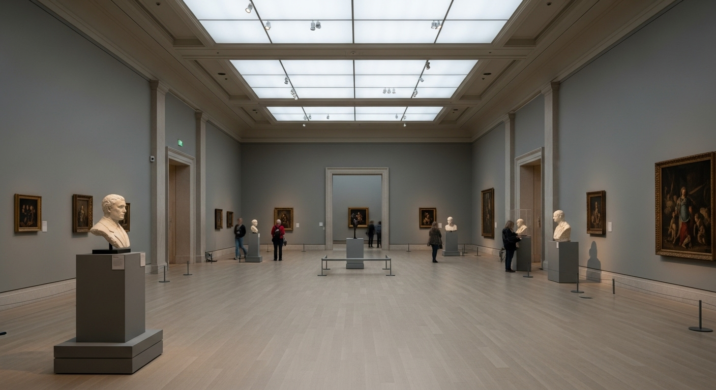 Calm interior of a London museum with spacious galleries and soft natural light creating a relaxed and unhurried atmosphere.