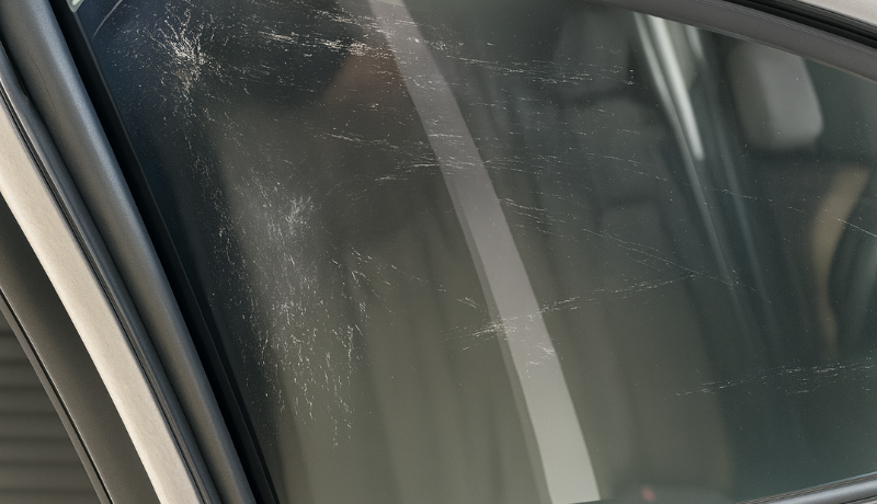 An image of car front side windows that has uneven surface due to abrasive material