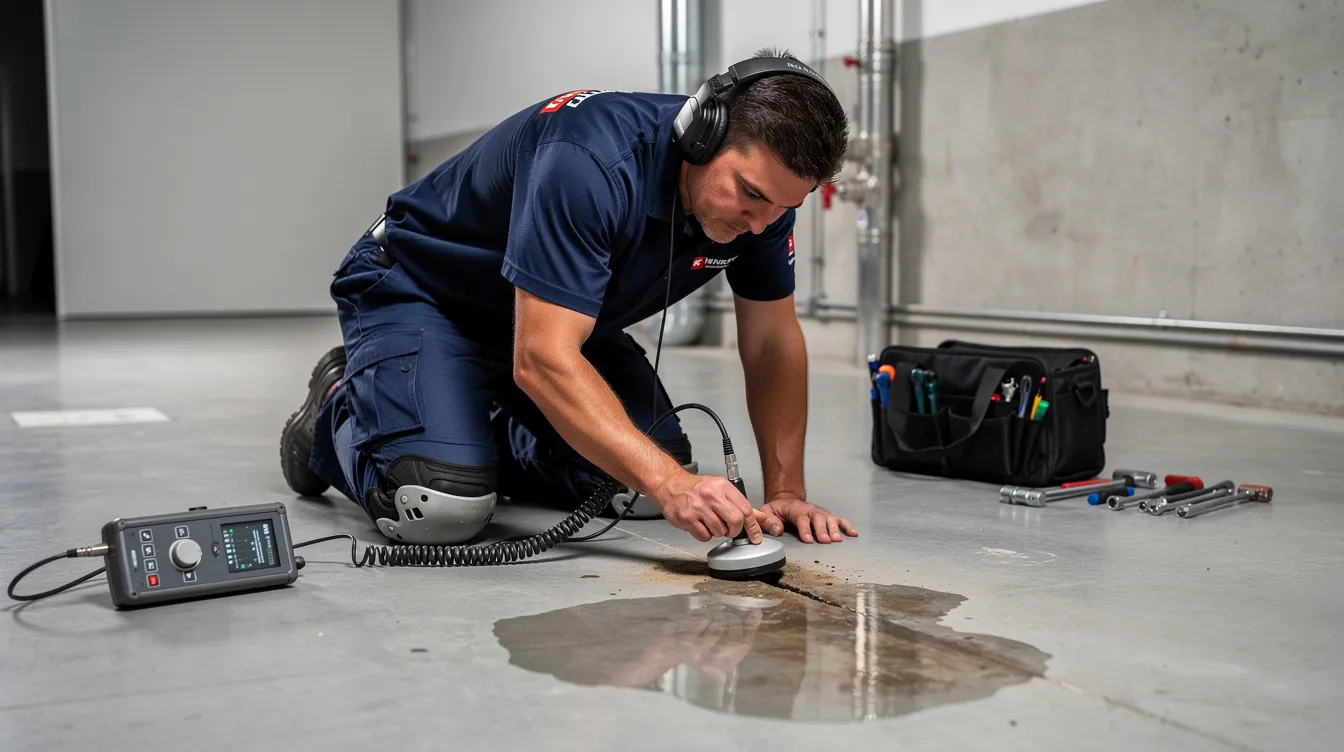 A professional plumber is using electronic listening equipment on a concrete floor to detect an underground leak, showcasing their expertise in plumbing services. This skilled technician is focused on identifying plumbing issues efficiently to ensure quality plumbing repair for their customers.