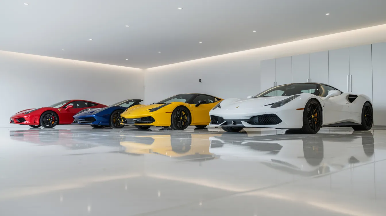 In der modernen Garage sind verschiedene Sportwagen mit glänzendem Boden zu sehen, darunter auch Modelle, die für Formel 1 Rennen bekannt sind. Diese Sammlung könnte das Vermögen eines erfolgreichen Formel 1 Fahrers wie Max Verstappen widerspiegeln, der Millionen Euro verdient hat.