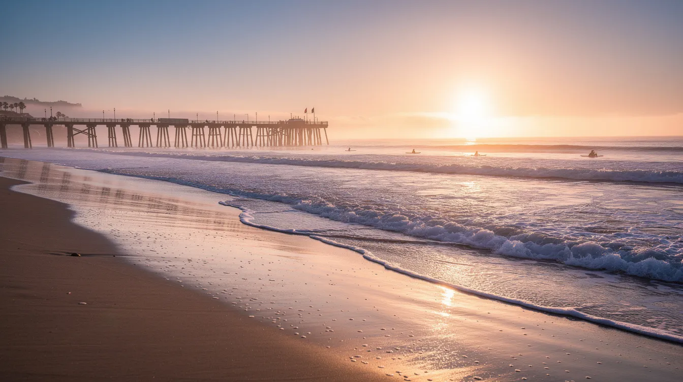 The image depicts a serene sunrise illuminating the Huntington Beach coastline, where gentle waves lap against the shore, creating a calming atmosphere that may help alleviate feelings of anxiety and depression. This tranquil scene serves as a reminder of the importance of mental health and the soothing effects of nature in the treatment process for various mental health conditions.
