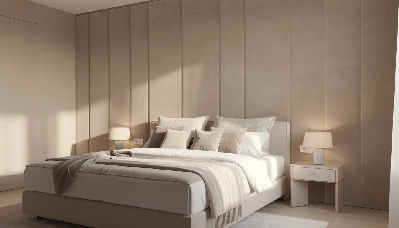 Een slaapkamer met beige suede wandpanelen die een luxe uitstraling geven, achter een boxspring bed met elegant beddengoed. De akoestische wandpanelen zorgen voor een warme sfeer en zijn een stijlvolle oplossing voor het interieur.