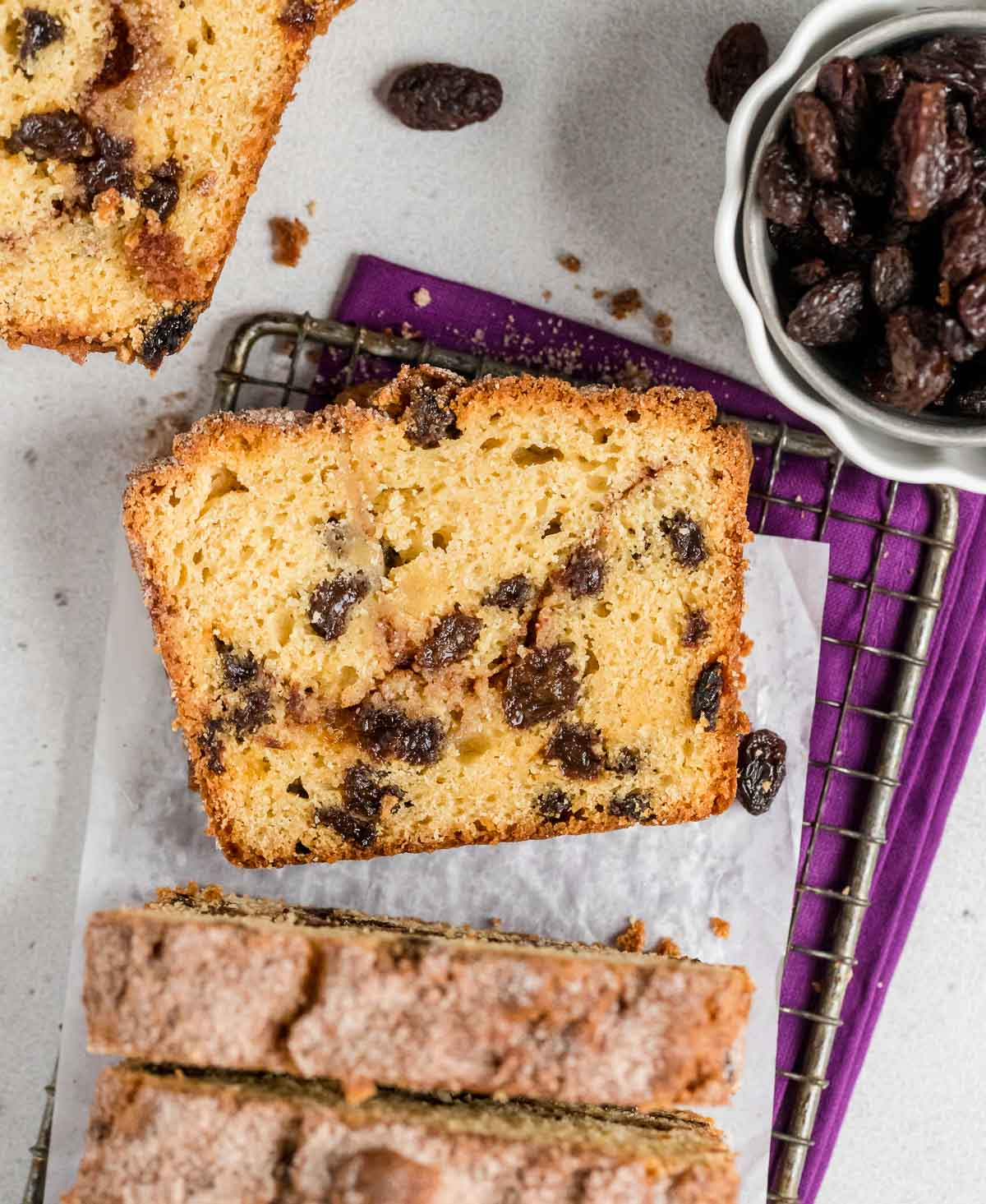 sliced raisin bread on a wire rack