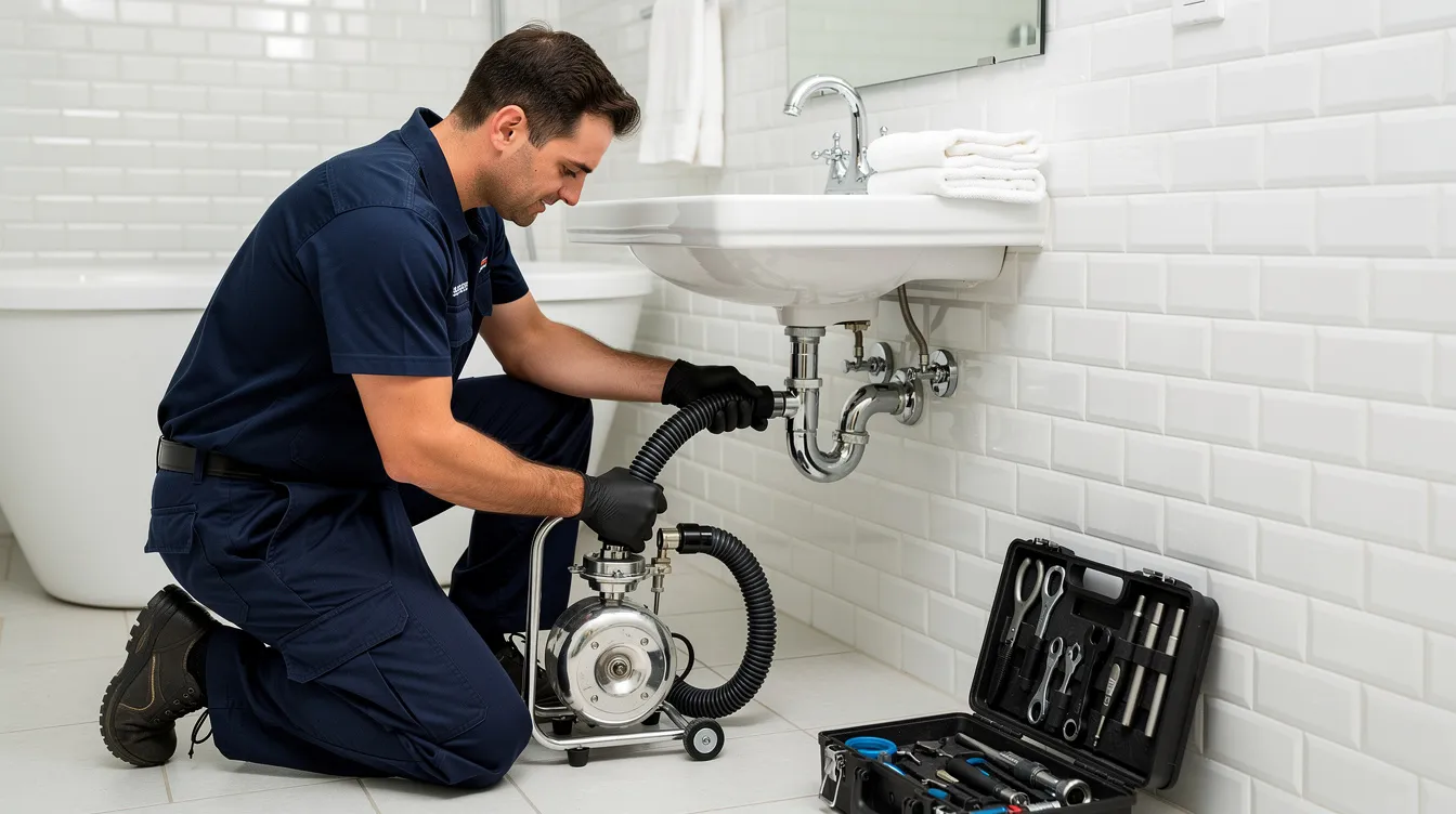 The image depicts a professional plumber performing residential drain cleaning, using state-of-the-art equipment to clear clogged drains in a bathroom sink. The plumber is focused on restoring proper flow in the plumbing system, addressing issues such as stubborn clogs and grease buildup.