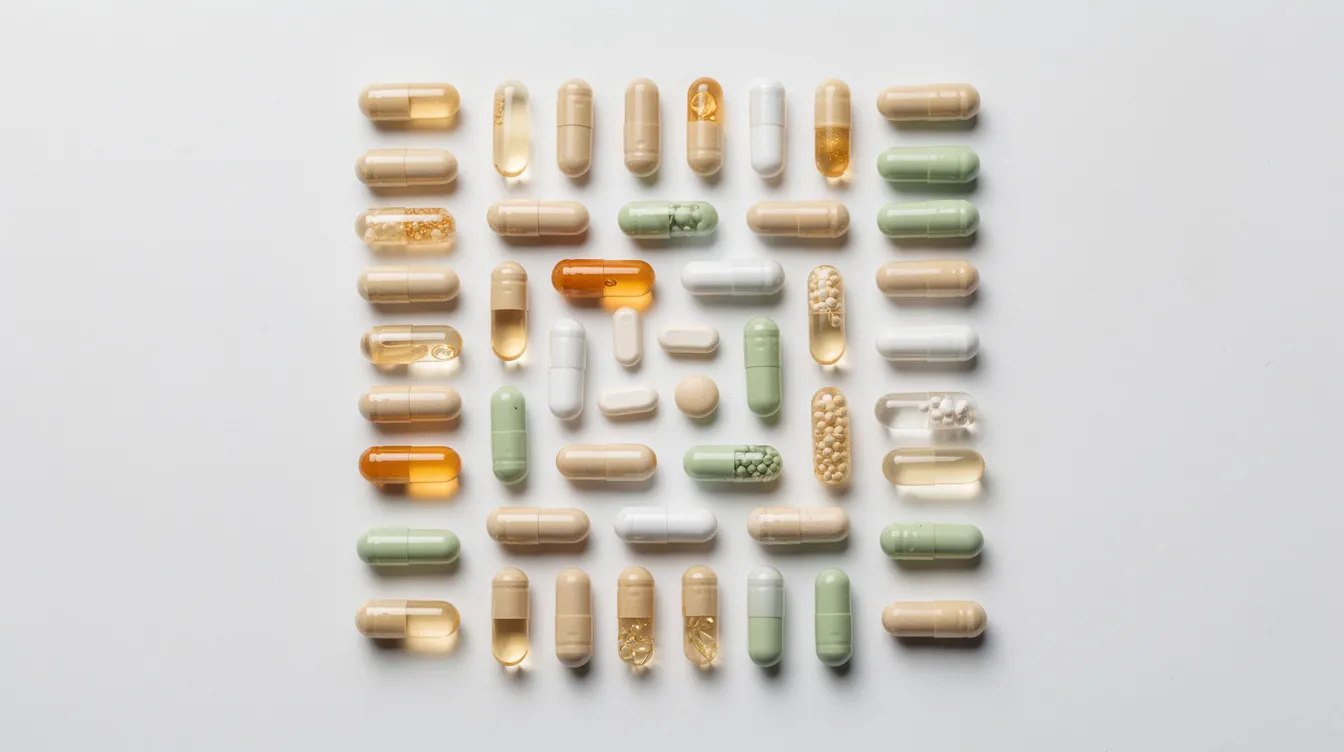 The image features a variety of supplement capsules meticulously arranged in a pattern on a clean surface, highlighting their potential benefits for cellular health and energy production. These dietary supplements, including NAD precursors, are designed to support healthy aging and enhance overall cellular function.
