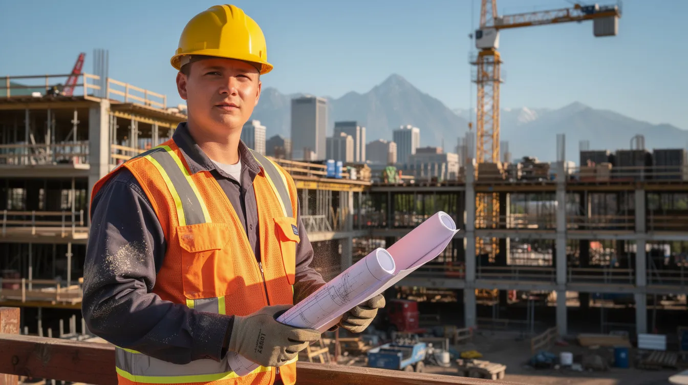 The image shows a construction worker in a hard hat and safety vest at a job site in the Denver area, emphasizing the importance of workplace safety for preventing injuries and ensuring workers compensation benefits for injured workers. This scene highlights the need for legal support from experienced workers compensation attorneys in Denver to navigate the workers compensation system effectively.
