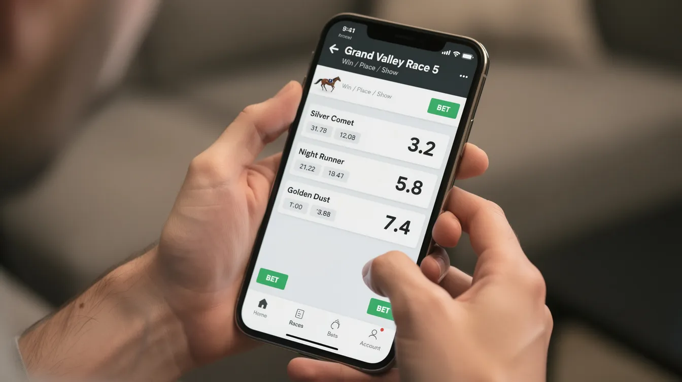 A person is holding a smartphone that displays a horse racing betting app, showcasing visible horse racing odds. The app represents popular horse racing betting sites, allowing users to check competitive odds and place bets on various horse racing events.