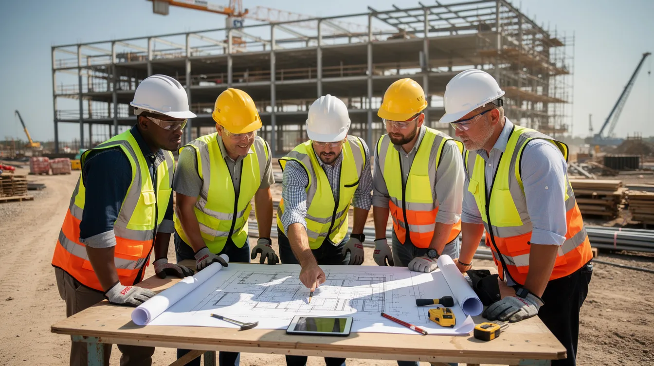 A group of construction professionals wearing hard hats is gathered around a table displaying site plans outdoors on an active commercial construction project, discussing key elements related to the construction process and compliance with regulations. The scene highlights the collaboration essential for ensuring adherence to federal and state laws, including the Clean Water Act and jurisdictional determinations.