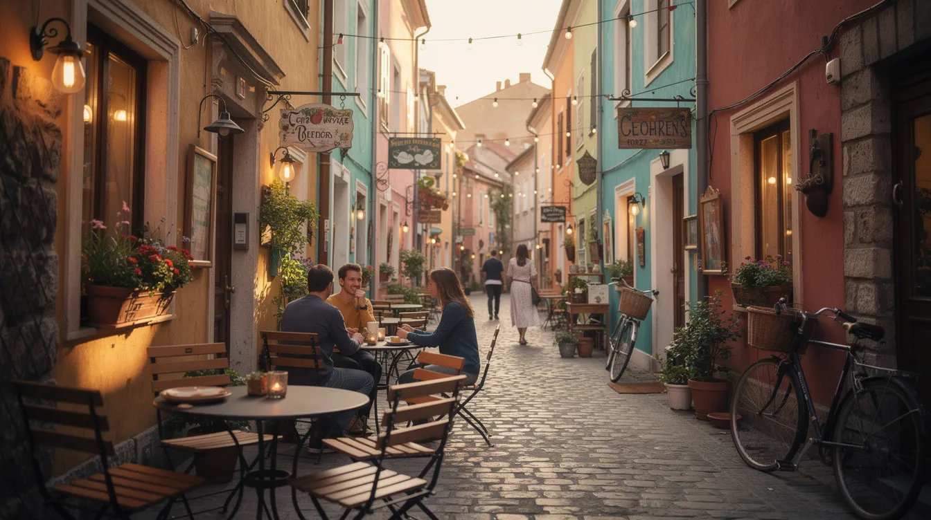 Uma rua estreita e charmosa em um bairro boêmio europeu, com fachadas coloridas de cafés e lojas, que exalam a cultura vibrante da cidade. Este cenário é típico de Cracóvia, na Polônia, onde a história se entrelaça com a vida cotidiana.