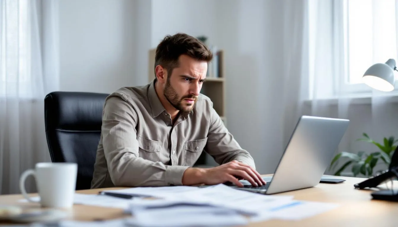 A small business owner is seated at a desk, reviewing various financing options for securing a business loan despite having a bad credit rating. The individual is surrounded by paperwork and a laptop, contemplating how to improve their business credit score and explore alternative lenders for working capital loans.