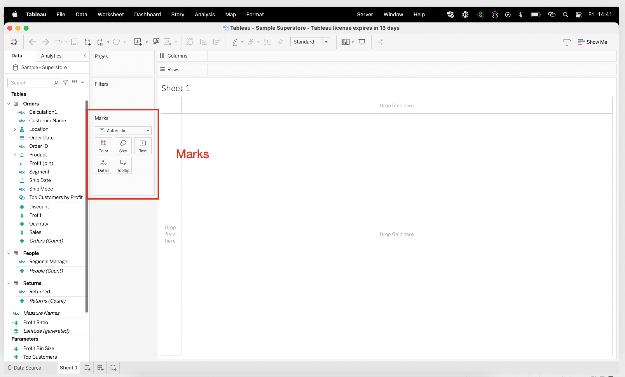 Tableau Marks section on dashboard