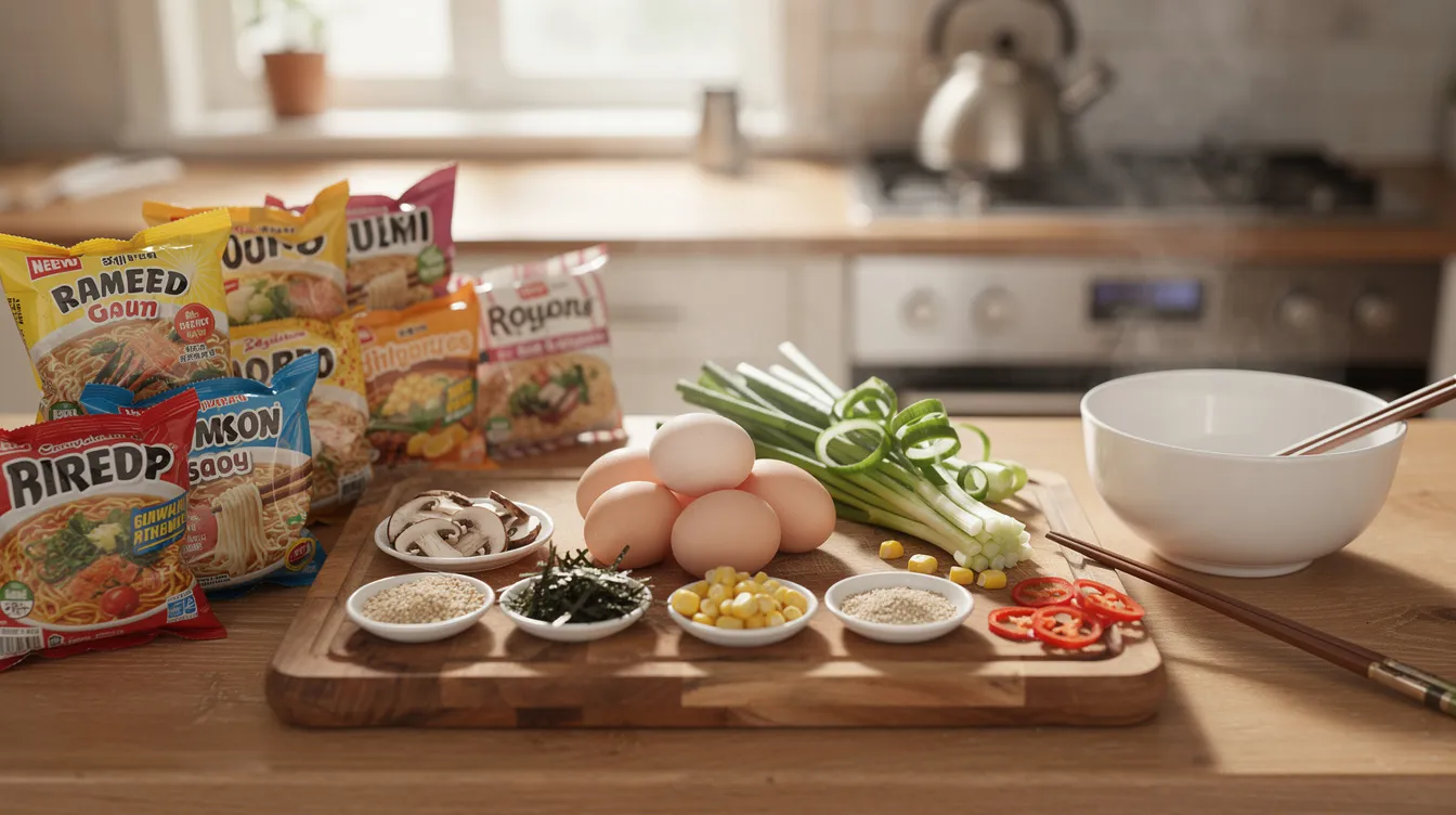 The image shows a cozy home kitchen setup featuring various instant ramen packets, fresh eggs, chopped green onions, and an assortment of toppings neatly arranged, ready for assembly to make a delicious bowl of tonkotsu ramen. A large stock pot sits nearby, hinting at the preparation of a creamy tonkotsu broth.