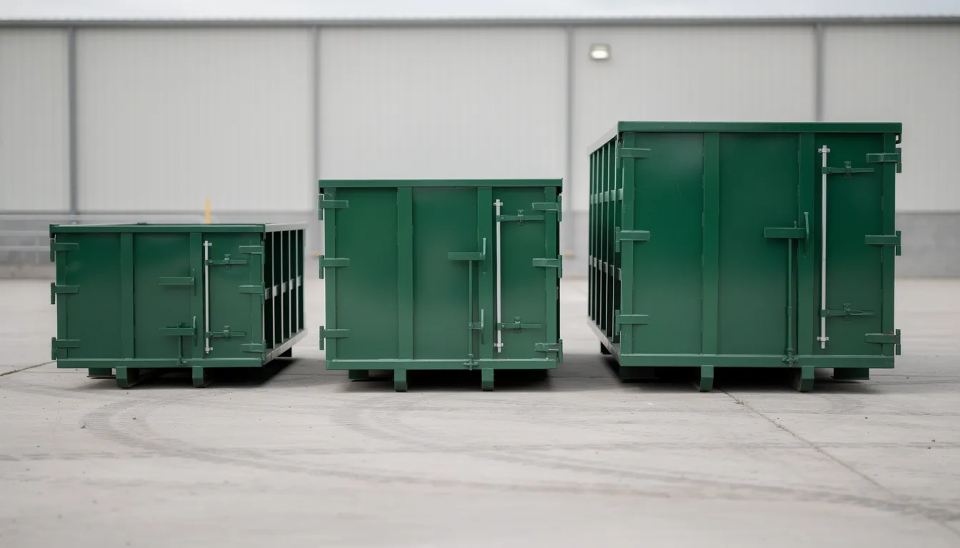The image shows three roll-off dumpsters of varying sizes arranged in a row, illustrating the size comparison from small to large. This visual representation highlights the different dumpster sizes available for rental in Nashville, making it easier for customers to choose the right dumpster for their construction projects or clean-outs.