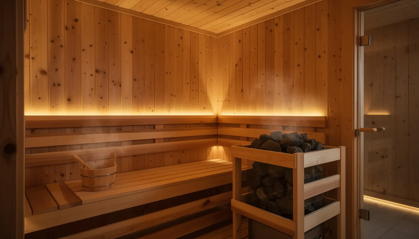 The image depicts the interior of a modern wooden sauna cabin featuring warm lighting and cedar benches, designed for an optimal sauna experience. It highlights the importance of proper ventilation and air circulation, ensuring even heat distribution and comfort during a sauna session.