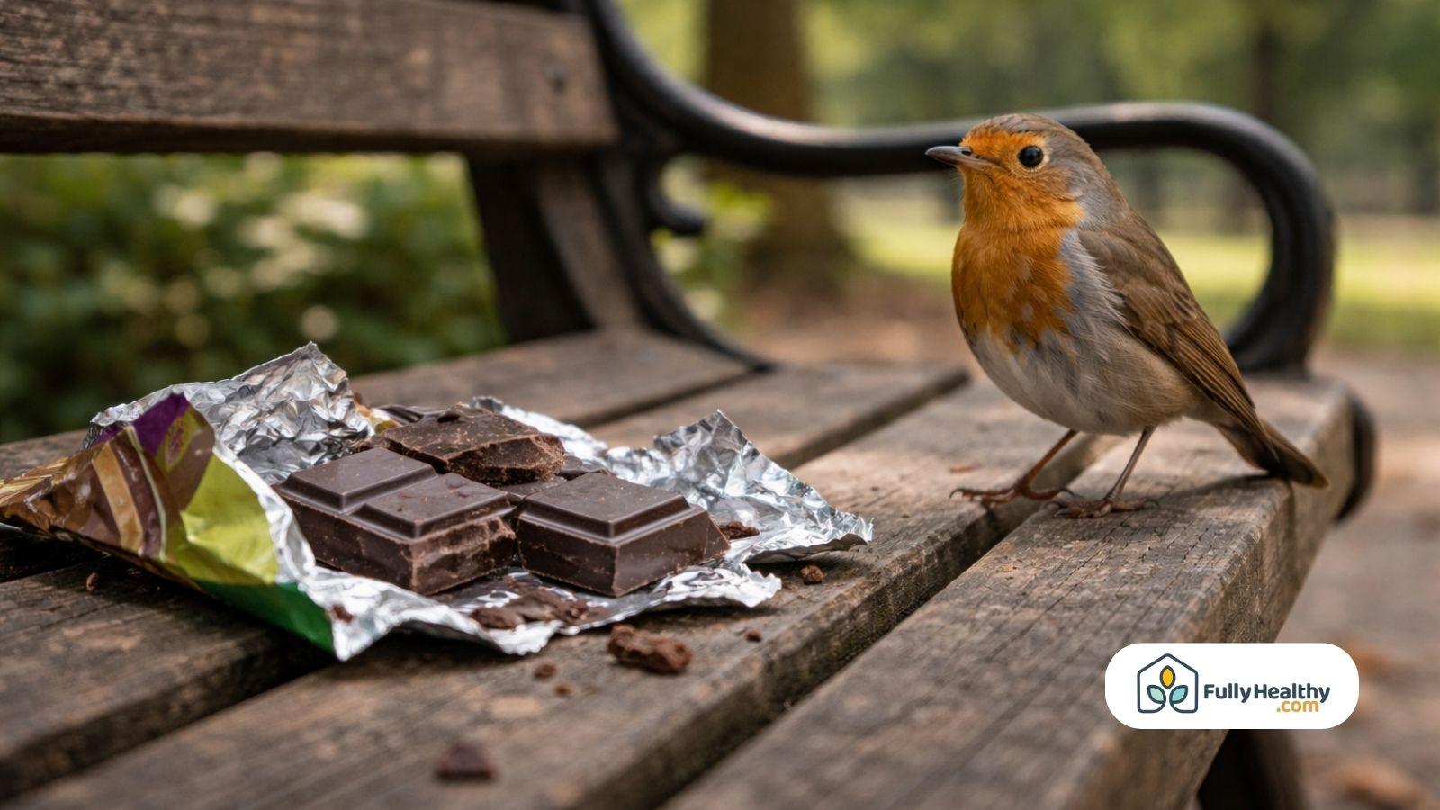 Wild bird near chocolate wrapper on park bench outdoor natural scene