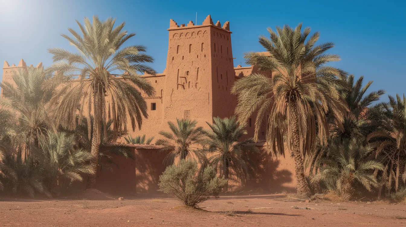 قصبة من الطين محاطة بأشجار النخيل تحت سماء صافية.
