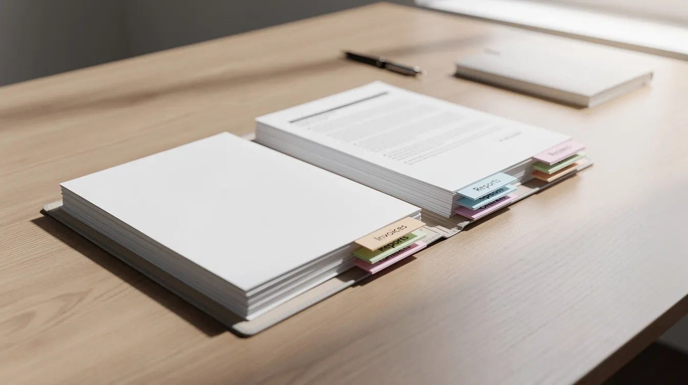b7a9ffea 302d 4d3a b1aa 39a1f5e3ad2c The image shows a neatly organized file folder on a desk, featuring labeled document tabs that likely include important paperwork such as bank statements and a basic business plan, which are essential for small business owners applying for a mudra loan. The orderly arrangement suggests a focus on maintaining clear and accessible records for business transactions and loan applications.