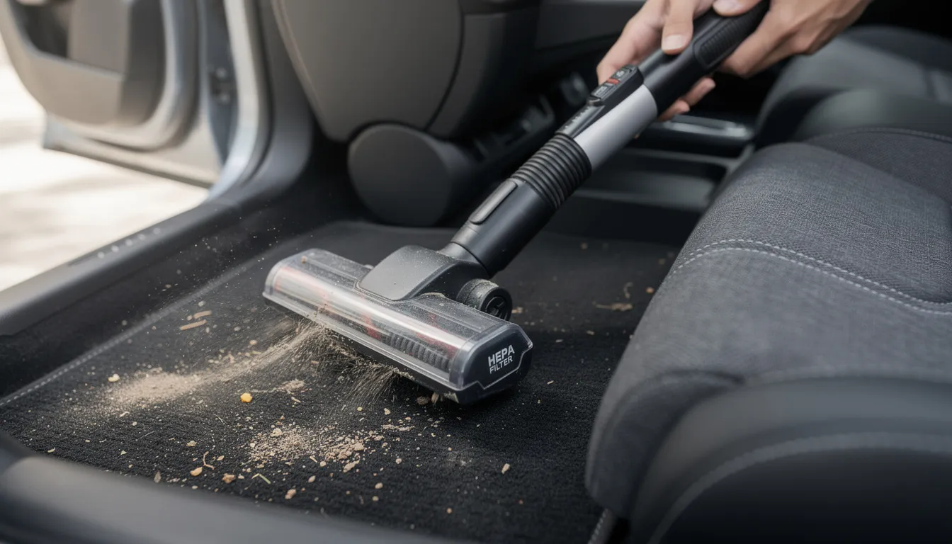 A HEPA vacuum is being used to deep clean the car's interior, focusing on the carpets and seats to eliminate unpleasant odors, including lingering smoke smells and tobacco residue. This thorough cleaning process is essential for restoring the vehicle's interior and enhancing the overall air quality.