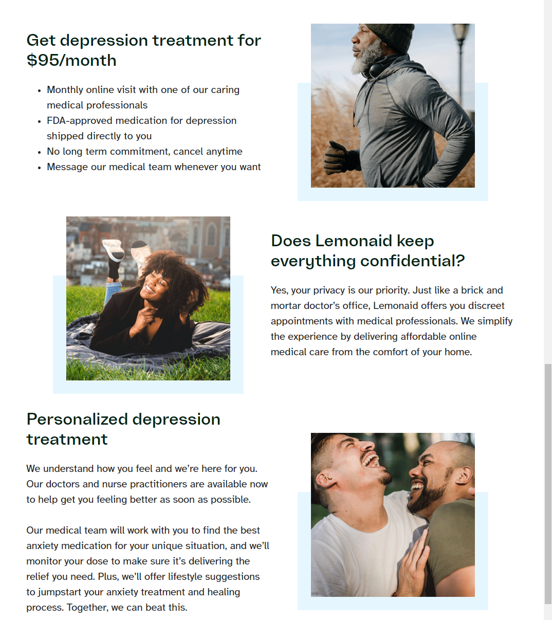 Lemonaid health does an excellent job of dividing their page content into easy-to-scan pieces broken up by visually appealing images.