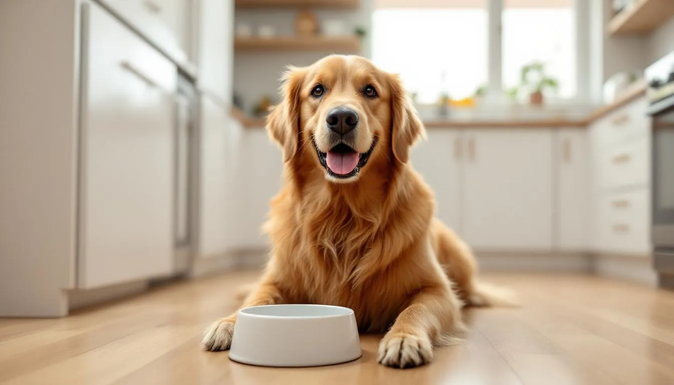 A happy Labrador retriever is joyfully eating from a food bowl in a bright kitchen, showcasing a healthy and playful demeanor. This scene reflects the importance of monitoring a dog