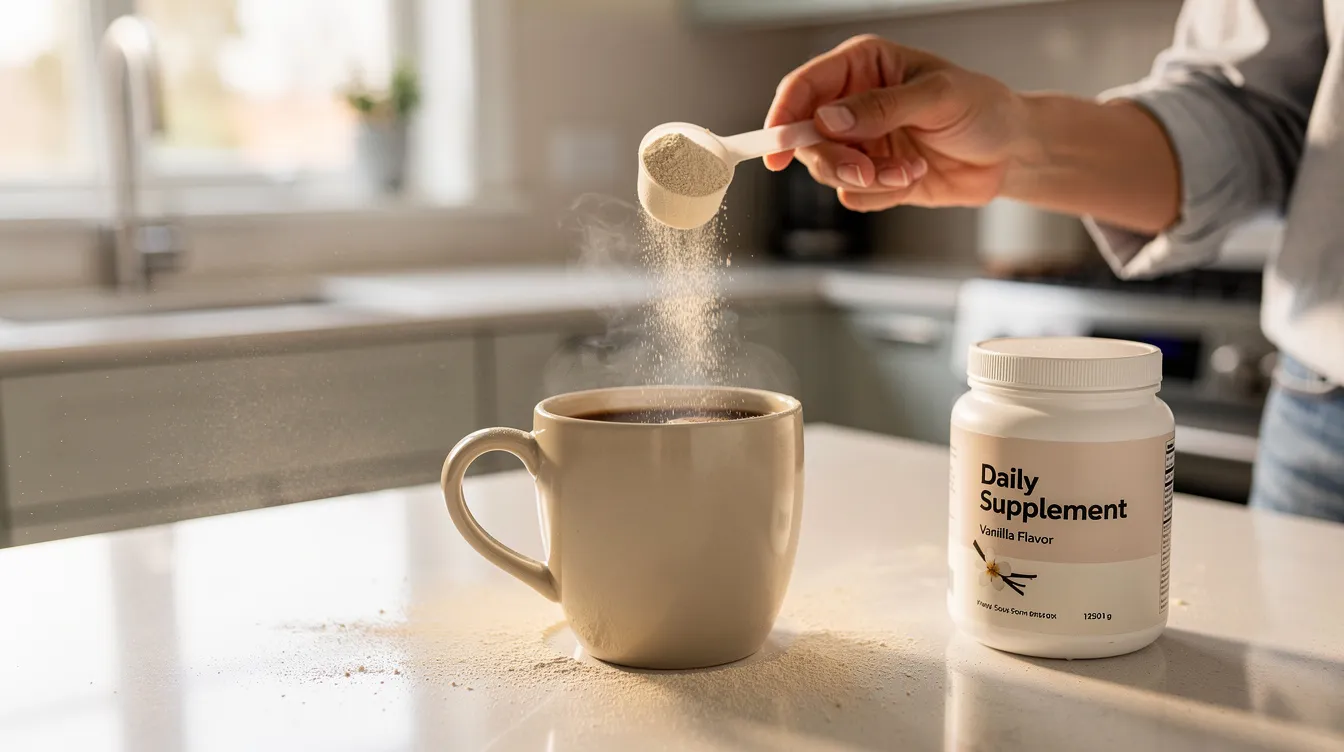 A person is seen adding a scoop of mushroom powder supplement into a steaming cup of coffee on a kitchen counter, suggesting a morning routine aimed at enhancing immune health and overall wellness. The scene highlights the blend of organic mushrooms, including turkey tail and reishi, known for their health benefits and support for cognitive function and stress relief.