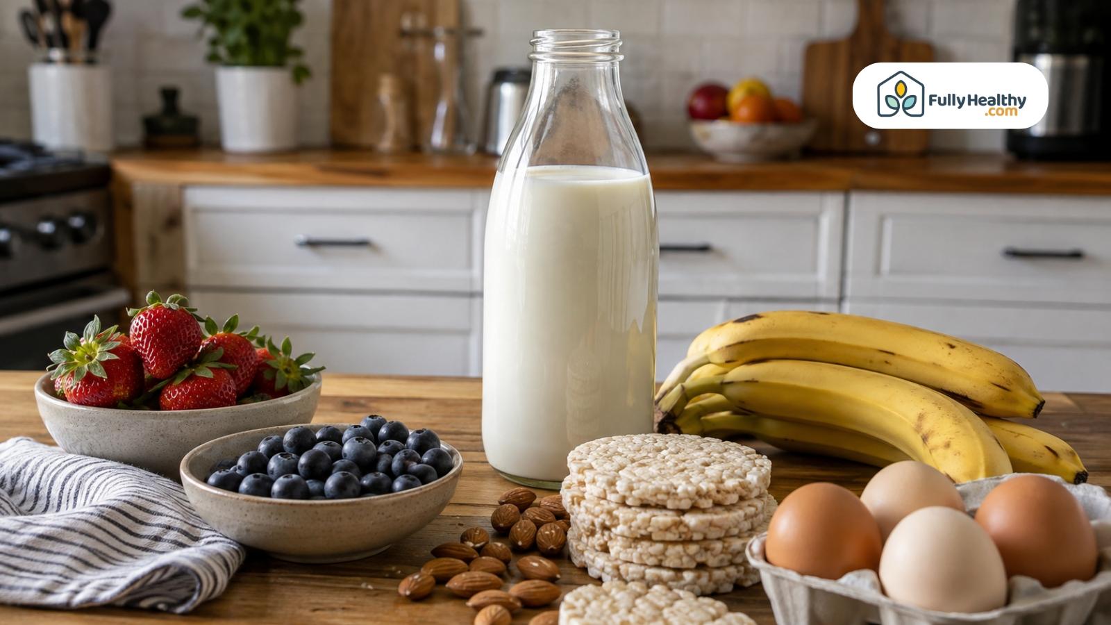 Fresh milk displayed with strawberries, blueberries, bananas, eggs, almonds, and rice cakes
