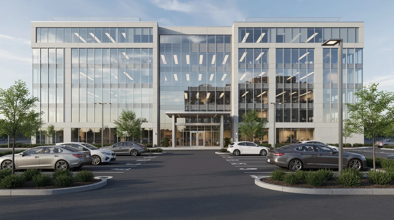 The image shows a modern commercial office building featuring large glass windows and a spacious parking lot, symbolizing an investment opportunity for real estate investors. This type of property can benefit from cost segregation studies, which may lead to significant tax savings and improved cash flow through accelerated depreciation deductions.