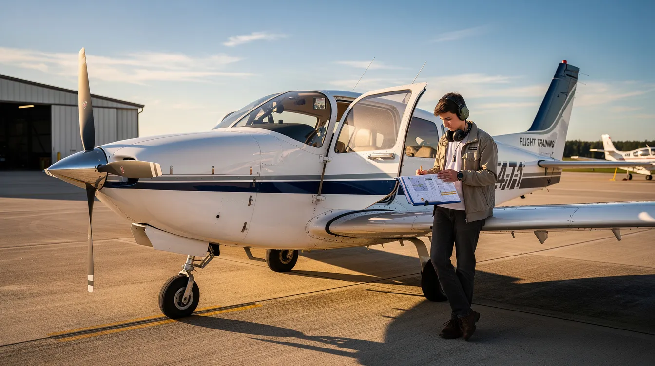 A student pilot is studying a flight manual while seated next to a small single-engine training airplane on the ramp, preparing for their practical test to obtain a private pilot certificate. The scene emphasizes the importance of aeronautical knowledge and risk management as part of the airman certification standards set by the Federal Aviation Administration (FAA).