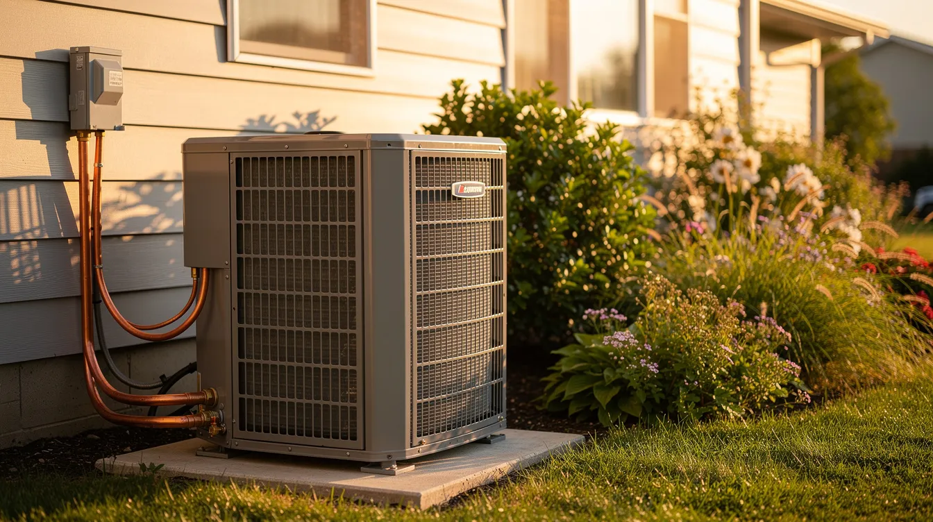 The image shows an outdoor AC condenser unit with copper refrigerant lines, situated beside a charming residential home and a lush garden, conveying a creative lifestyle atmosphere. This scene highlights the benefits of air conditioning in maintaining a comfortable environment, showcasing the unit as an essential part of home cooling solutions.
