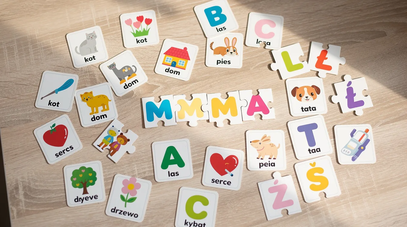 Na stole znajdują się kolorowe karty edukacyjne oraz puzzle literowe, kt&oacute;re mogą być używane podczas zajęć korekcyjno kompensacyjnych, wspierających opanowanie umiejętności czytania i pisania. R&oacute;żnorodne pomoce dydaktyczne zachęcają do zabaw edukacyjnych, rozwijających percepcję wzrokową i umiejętności motoryczne.