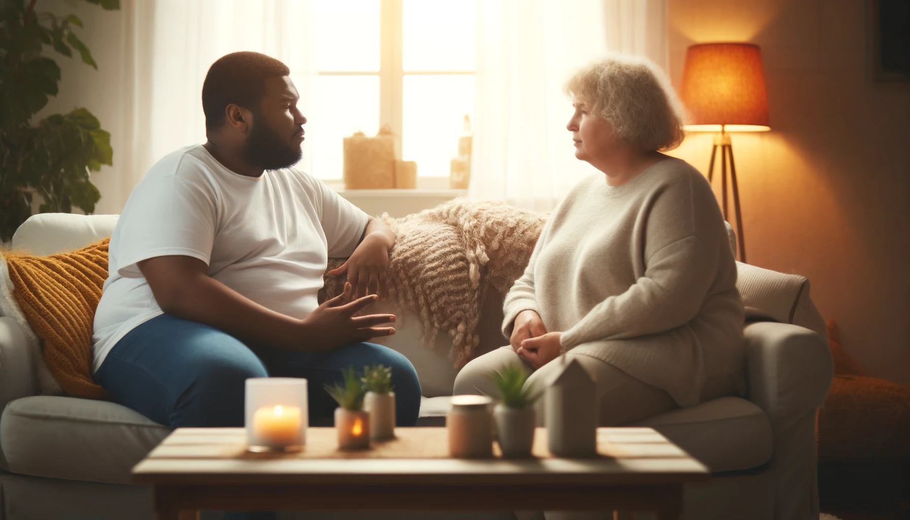 A couple sitting on a cozy sofa, having a deep conversation