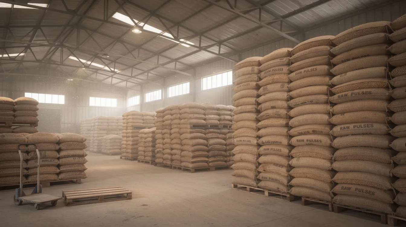 b7afff8e 59c8 4f6c 84b8 9539ebf59a6f The image shows a warehouse filled with neatly stacked bags of raw pulses, ready for seasonal inventory in an industrial dal mill facility. This setup highlights the operational efficiency and storage capacity of the dal mill plant, essential for meeting the rising demand for processed pulses in local markets.