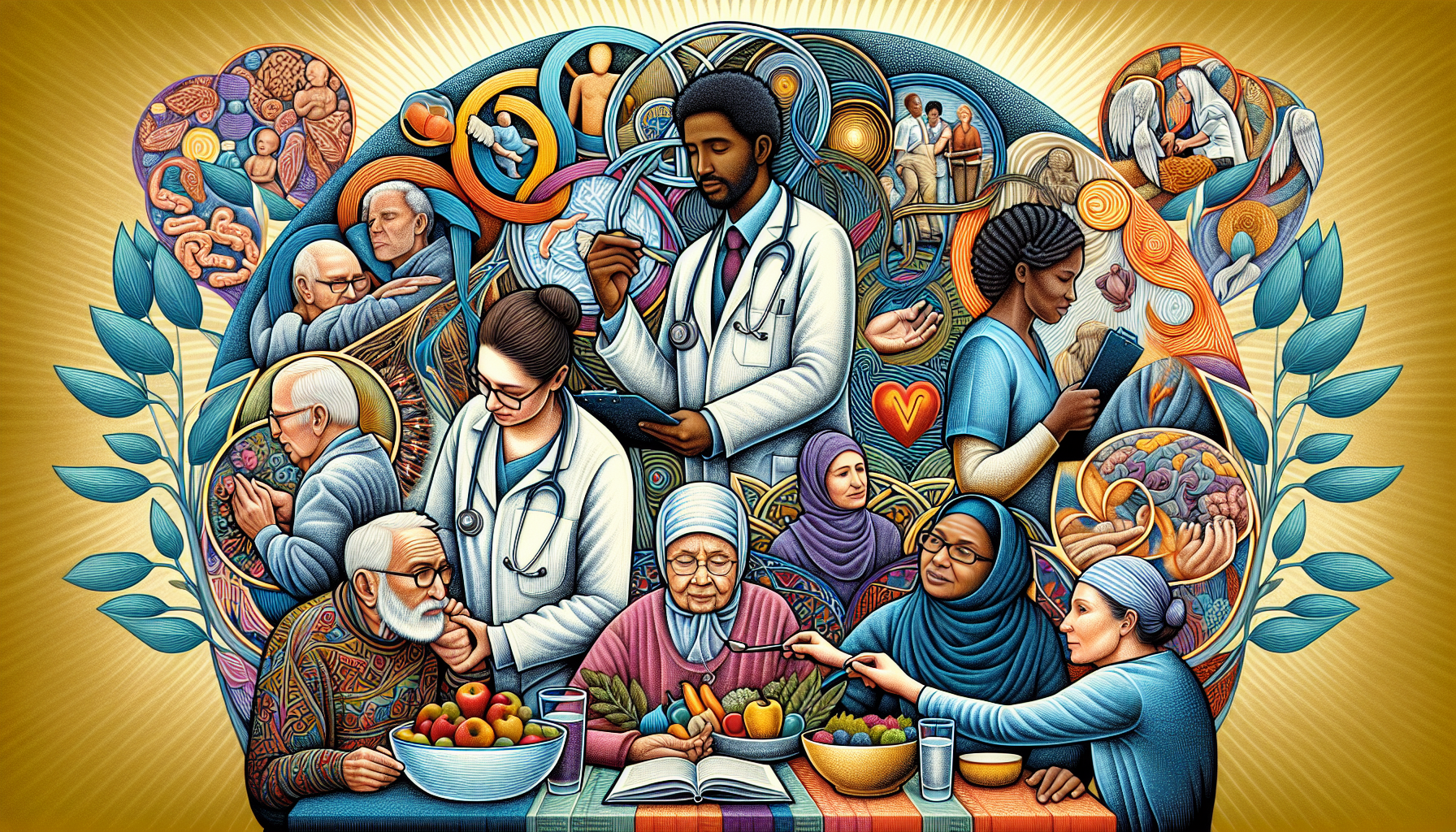 Illustration of interdisciplinary care team members providing palliative and hospice care