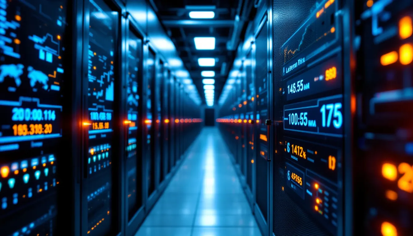 The image depicts modern server architecture used in cloud data integration platforms, showcasing elements related to Azure Data Factory and AWS Glue. It illustrates data pipelines, data processing units, and various data sources, emphasizing seamless integration and data transformation capabilities essential for managing complex data workflows.