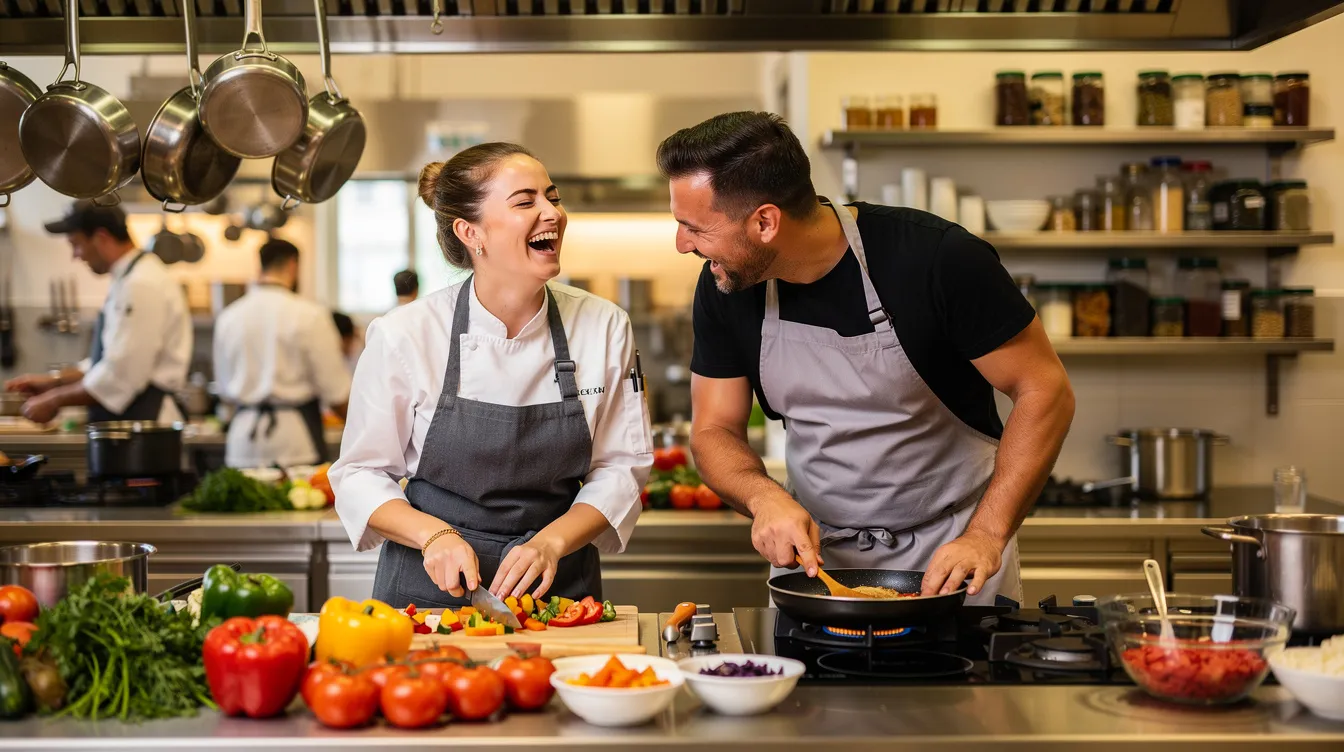 The image shows two people joyfully laughing while cooking together in a professional kitchen class, highlighting a fun first date idea that promotes teamwork and conversation. Their shared smiles and engaging activity create a warm atmosphere, perfect for building a genuine connection.